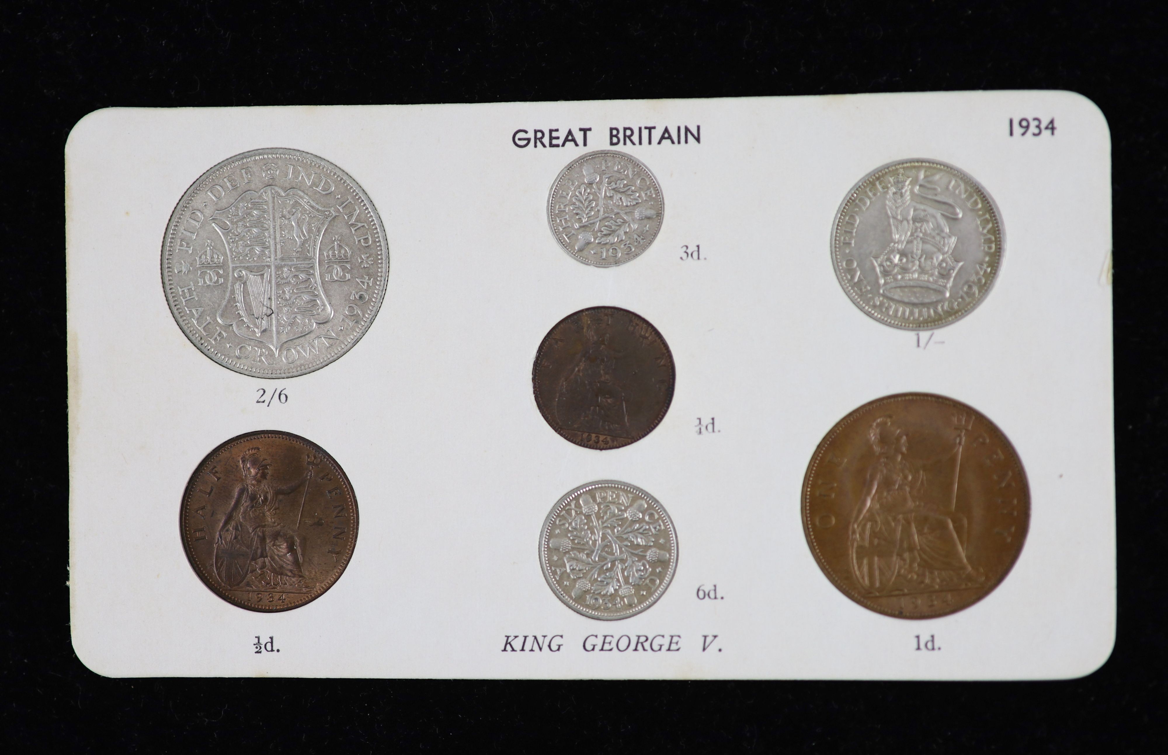 George V specimen set of seven coins, 1934, fourth coinage, comprising halfcrown, shilling, sixpence, threepence, cleaned UNC, penny, halfpenny and farthing, toned UNC
